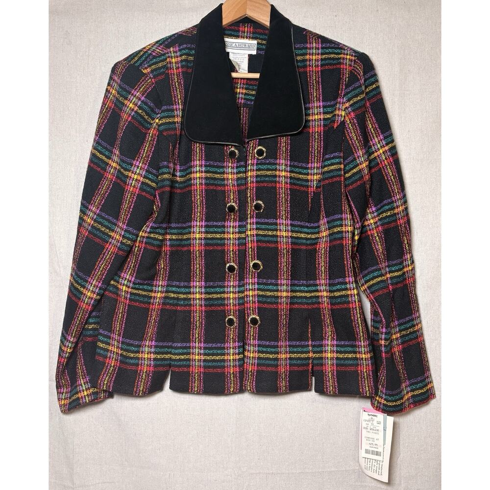 Vintage‎ 80's Black Colorful Plaid Velvet Collar Double Button Blazer Jacket NWT